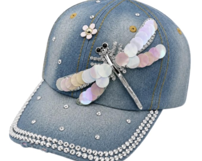 Women's Crystal Bling Over-Sized Dragonfly Cadet Cap Denim Baseball Hat