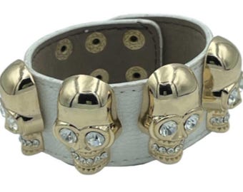 Unisex Punk Biker Gold Skull Purple Leather Bracelet Cuff Bangle Wristband