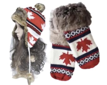 Canada Faux Fur Fashion Winter Ski Hat Mittens Set Mapleleaf Ear Flaps Unisex