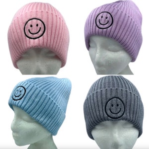 HAT Beanie Smile Face Embroidered smiley knitted Purple Cap Cuffed - edge NEW Smiley Face Beanie Hat - Etsy main image 4