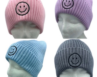 Smiley Face Beanie Knit Winter Hat Fun and Warm Headwear Happy Face Ski Cap