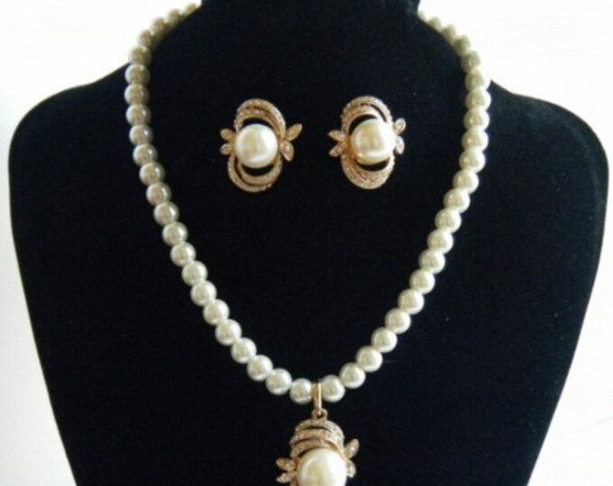 New Faux Wedding Pearl Gold Toned Trim Necklace Earring Bride Jewelry Set Gift