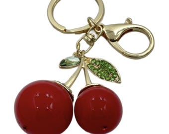 Cherry Bag Charm Keychain Key Fob Red Rhinestone Christmas Birthday Gift