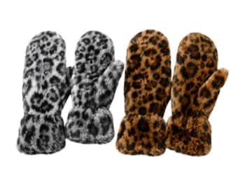 Women Soft Plush Warm Animal Print  Winter Fluffy  Warm Fashion Mittens Faux Fur