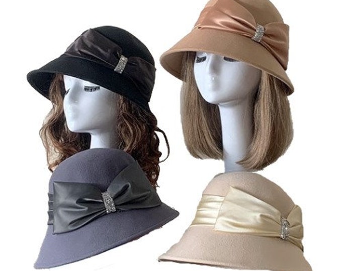 Women's Satin Bow Wool Felt Cloche Bucket Wide Brim Church Cloche Fedora Hat