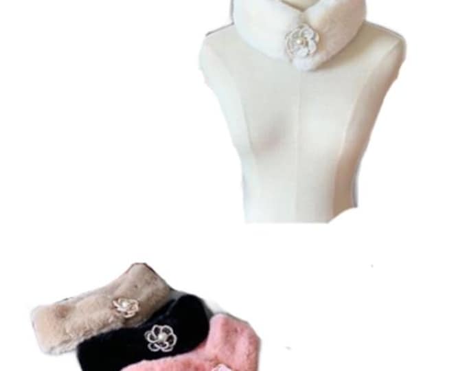 Women's Scarf Faux Fur Pull Through Flowers Faux Pearls Neck Warmer One Size