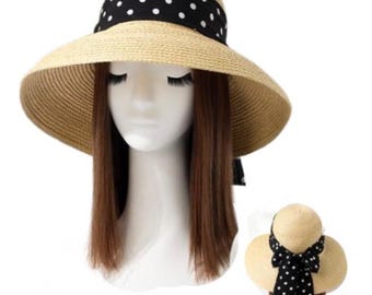 Polka Dot Ribbon Straw Floppy Beach Women’s Hat