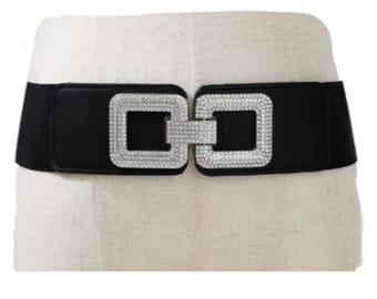 Women's Fashion Belt Black Elastic Band Bling Buckle