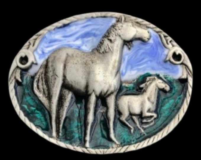 Detailed Blue Sky Horse Horses Belt Buckle