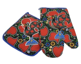100% Cotton Galo de Barcelos Portuguese Portugal Oven Kitchen Glove Mitt Set
