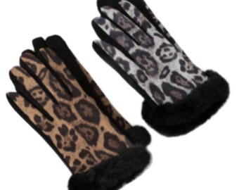 Women's Animal Print Cheetah Leopard Gloves Faux Fur Trim Winter Fall