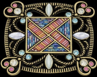 Decorative Western Belt Buckle – Multicolor Mosaic & Rhinestone Antique Finish