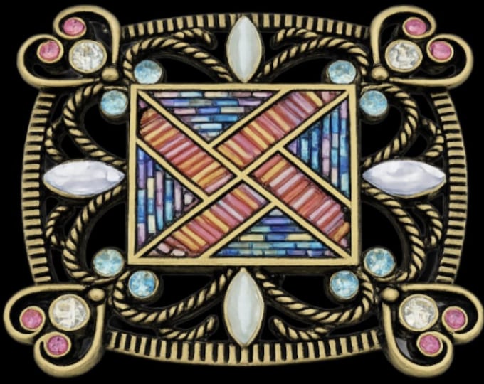 Decorative Western Belt Buckle – Multicolor Mosaic & Rhinestone Antique Finish
