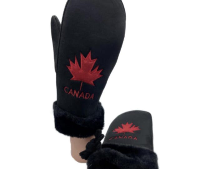 Unisex Canada Mapleleaf Flag Mittens Black Warm Winter Mitts
