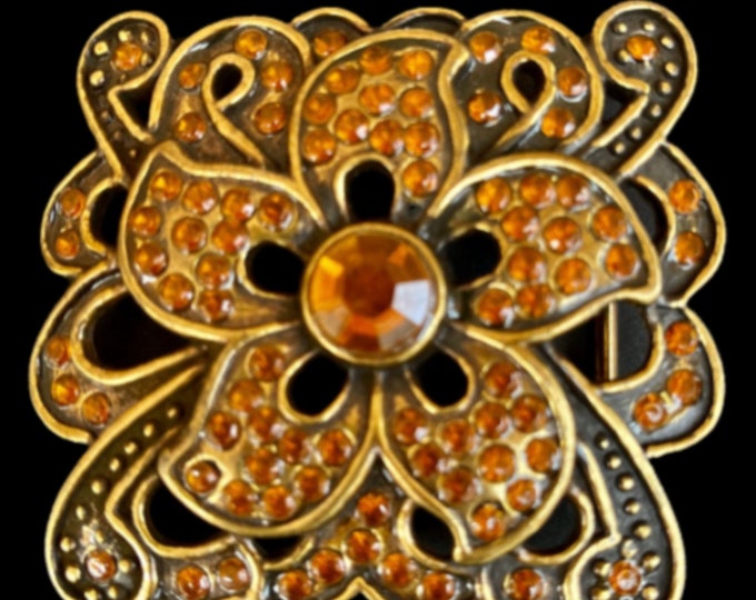 Orange Rhinestones Stones Square Flower Floral Belt Buckle Buckles