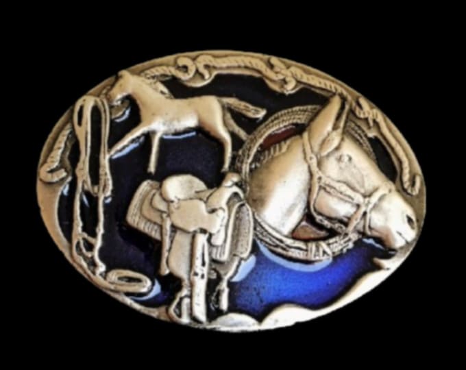 Western Cowboy Blue Enamel Horse Mare Foal Pony Saddle Belt Buckle Buckles