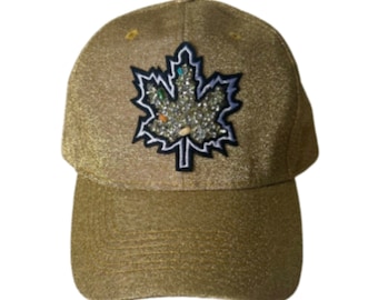 Gold Toned Bling Glitter Canada Embroidered Mapleleaf Baseball Cap Hat