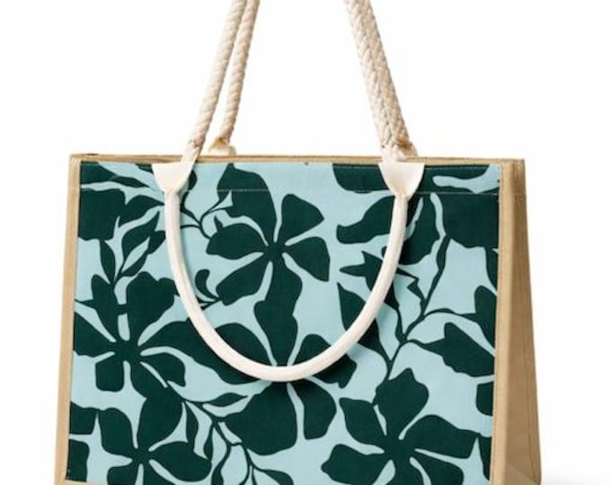 Tropical Leaf Canvas Tote with Rope Handles – Blue & Green Beach Bag Tote