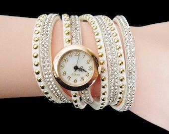 White Woman Stunning Rhinestone Wrap Fashion Bracelet Wristwatch Watch
