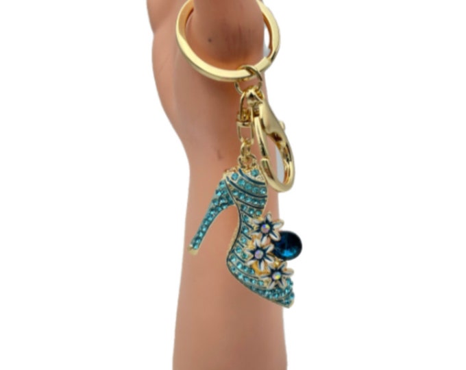 Rhinestone High Heel Keychain Goldtone Crystal Embellished Bag Clip Keyring Gift