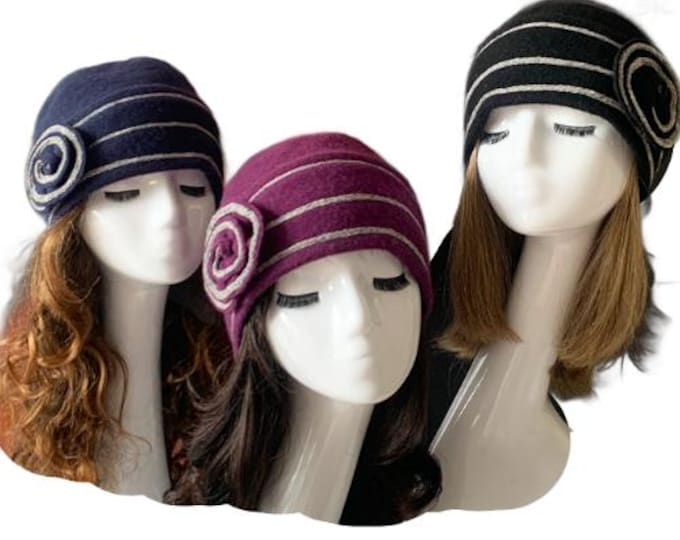 Women's Flower 1920s Winter 100% Wool Gatsby Beret Beanie Cloche