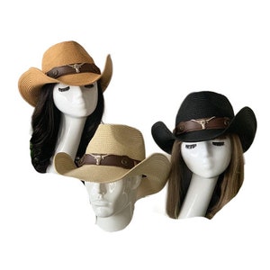 Hoofddeksels Outback strohoed met longhorn western cowboy cowgirl uniseks hoeden