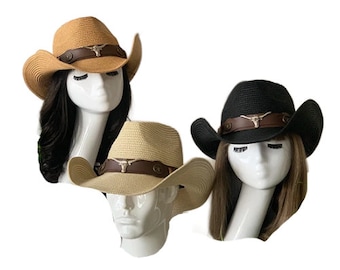 Top Headwear Outback Straw Hat with Longhorn Western Cowboy Cowgirl Unisex Hats