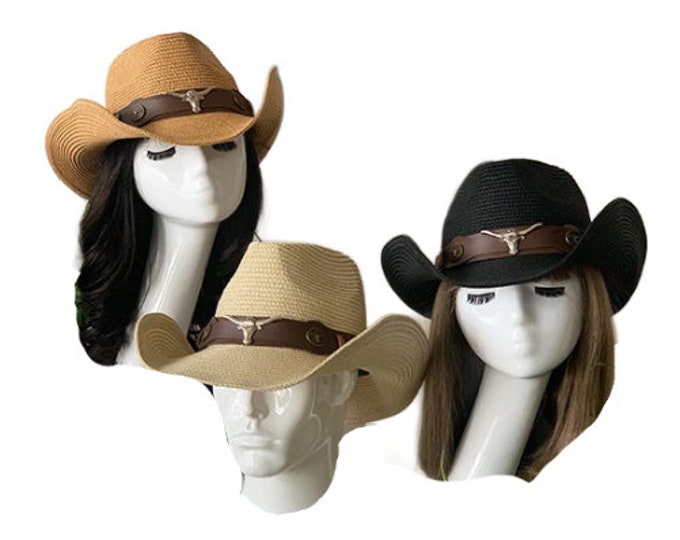 Top Headwear Outback Straw Hat with Longhorn Western Cowboy Cowgirl Unisex Hats