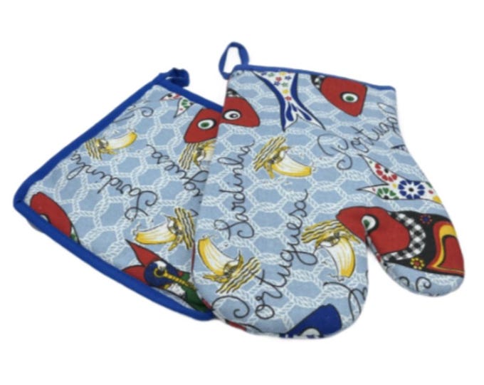 100% Cotton Traditional Portuguese Sardines Symbols Oven Kitchen Mitt Set of 2
