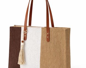 Three-Tone Woven Summer Tote Bag with Handles and Tassel Charm
