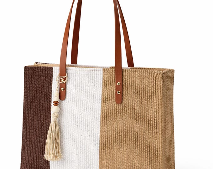 Three-Tone Woven Summer Tote Bag with Handles and Tassel Charm