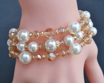 Gold-Tone Metal 3 Strand Faux Pearls Clear Rhinestone Clasp Bridal Bracelet