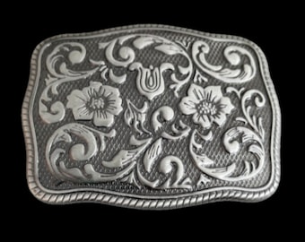Hebilla de cinturón vaquera occidental con flores grises