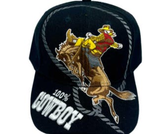100% Cowboy Horse Embroidered Baseball Cap Hat Black Rodeo Western