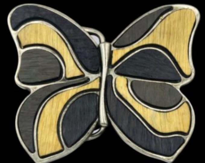 Boucle de Ceinture Antique Brass Buckle Dark Brown Wood Fill-In Butterfly Cool