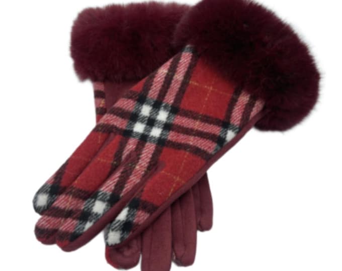 Women's Pattern Tartan Plaid Faux Fur Winter Classy Gloves