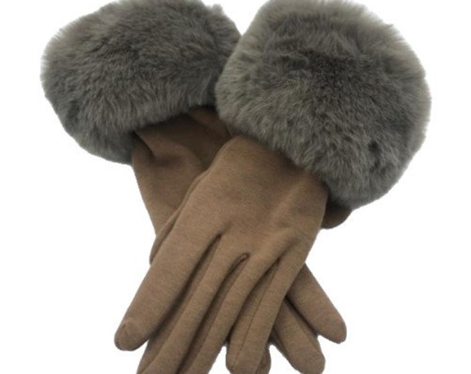 Women's Winter Taupe Faux Fur Trim Gloves