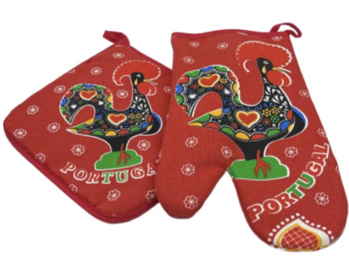100% Cotton Galo de Barcelos Portuguese Portugal Oven Kitchen Glove Mitt Set