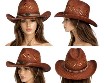 Paper Straw Cowboy Hat Men Women Western Cowgirl
