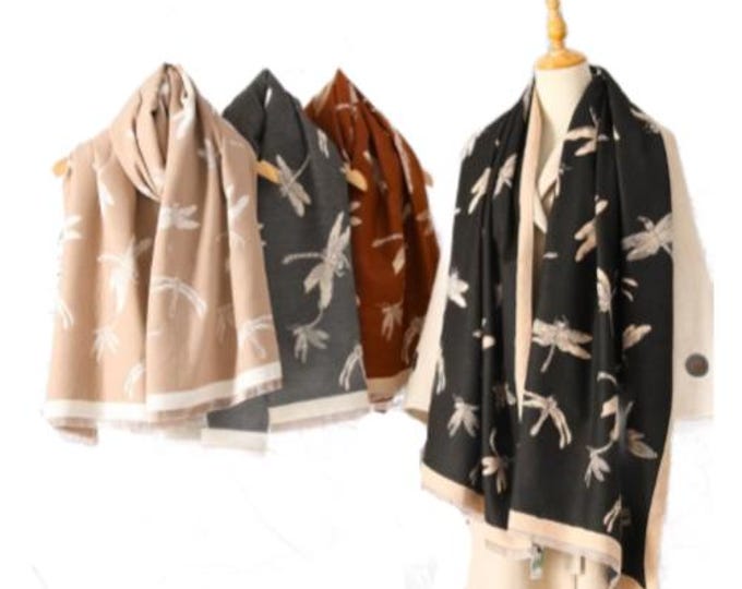Ladies Top Quality Double Sided Dragonflies Pattern Scarf Evening Shawl Warm
