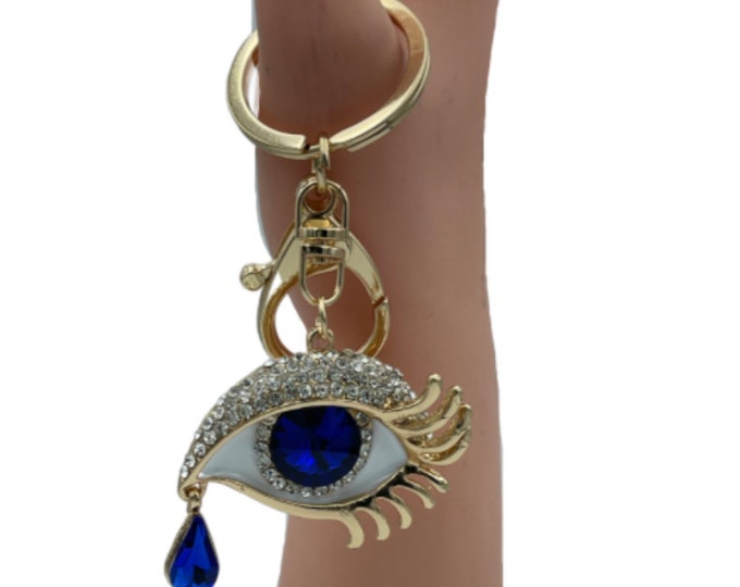 3D Evil Eye Tear Drop Keychains Keyrings Key Finder Big Blue Rhinestone