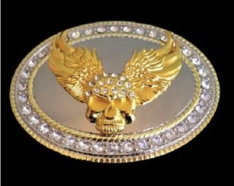 Bling Rhinestones Skull Wings Gold Chrome Belt Buckle Buckles