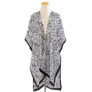 Black Floral Duster Long Sheer Kimono Style Beach Cover Up One Size