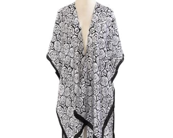 Black Floral Duster Long Sheer Kimono Style Beach Cover Up One Size