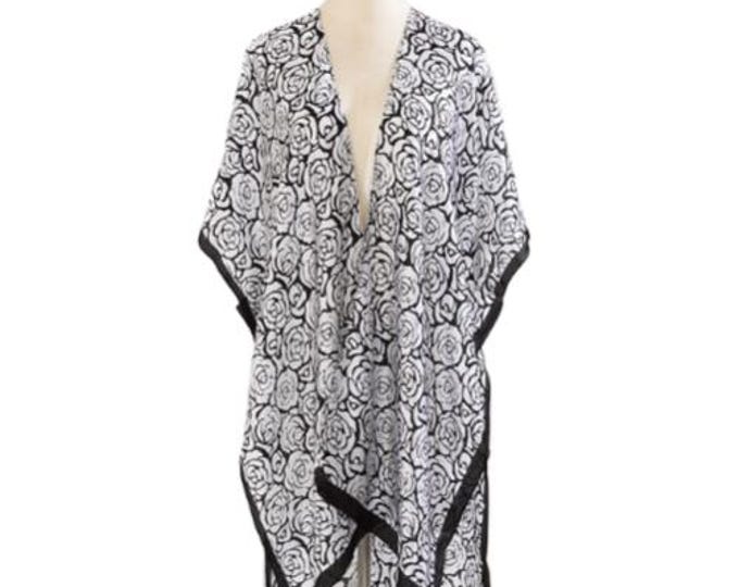 Black Floral Duster Long Sheer Kimono Style Beach Cover Up One Size