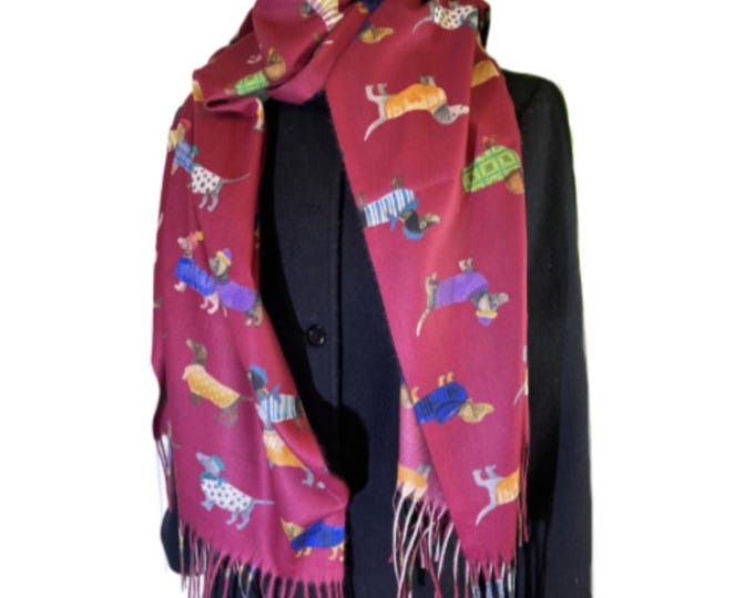 Ladies Dog Puppy Dachshund Print Red Warm Tasseled Women's Winter Scarf