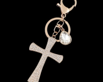Women's Rhinestone Cross Keychain Fashionable Alloy Keyring With Teardrop Charm