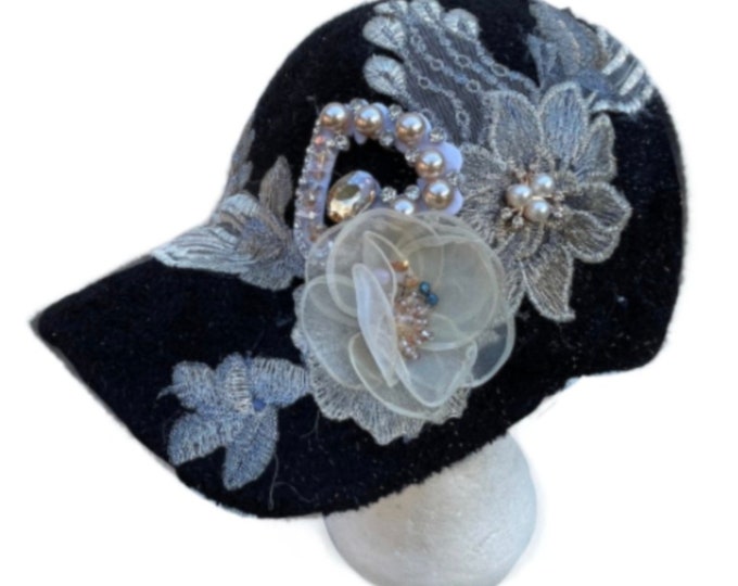 Black Women's Bling Hat Rhinestones Embellished Floral Faux Pearls Adjustable