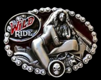 Motorcycle Belt Buckle Wild Ride Skull Skeleton Woman Rider Buckles Belt