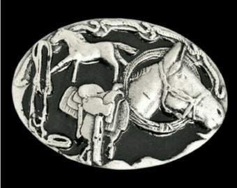 Horse Horses Horseshoe Saddle Western Cowboy Black Enamel Metal Belt Buckle
